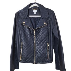 Calvin Klein Quilted Faux Leather Moto Jacket | Black & Gold Hardware | XL